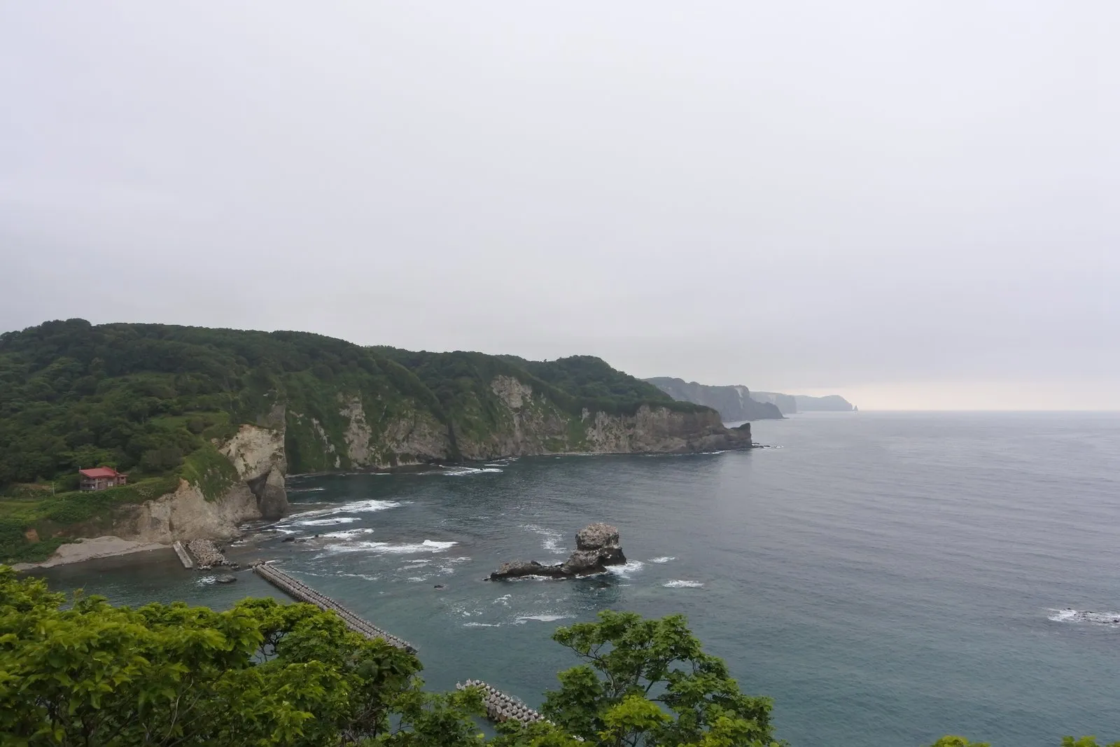 高台から見下ろす入り江。断崖に囲まれた小さな港と、海に浮かぶ岩