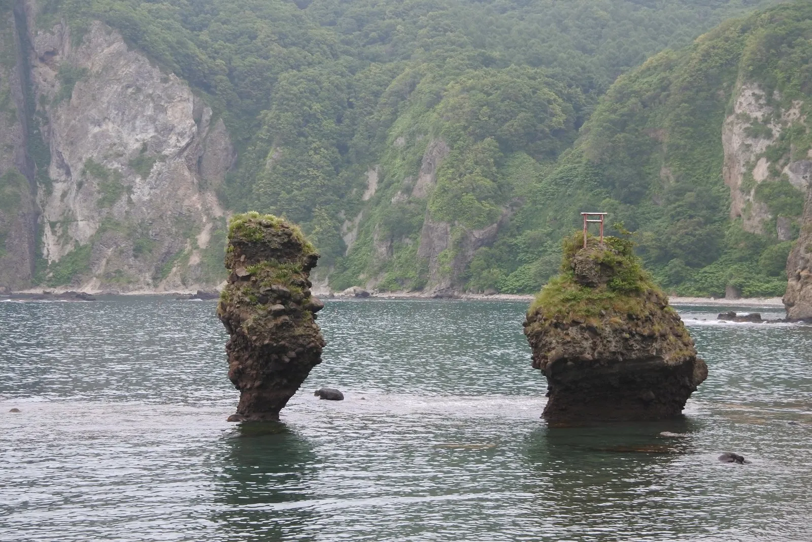 海に並んで立つ2つの岩。左は細く上が張り出し、右は太くて上に小さな赤い鳥居が立つ